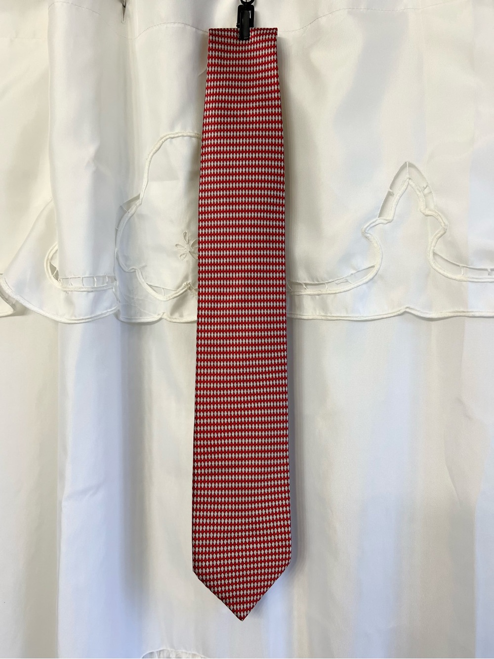 Brioni 100% Silk Tie Red White Geometric Diamond Handmade Italy Necktie